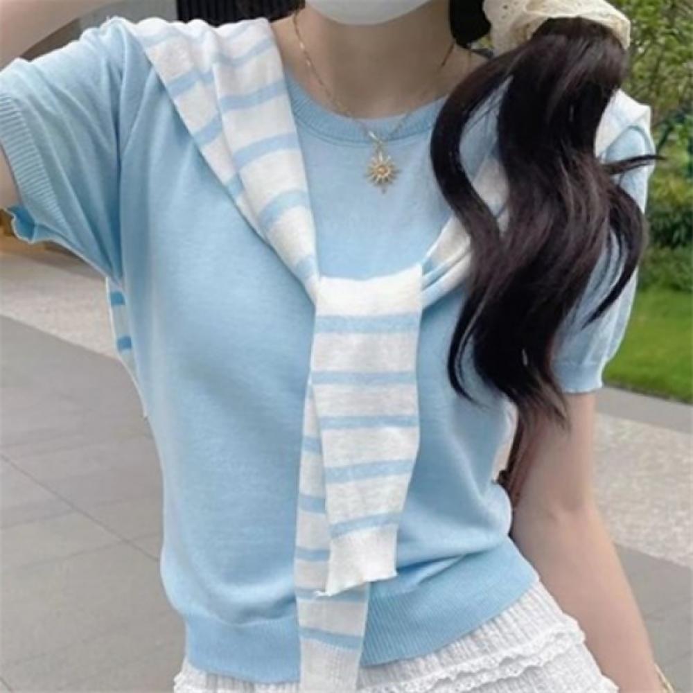 New ArrivalS Open Run Women S viScoSe Stripe Shawl Solid Short Sleeve Knit Set