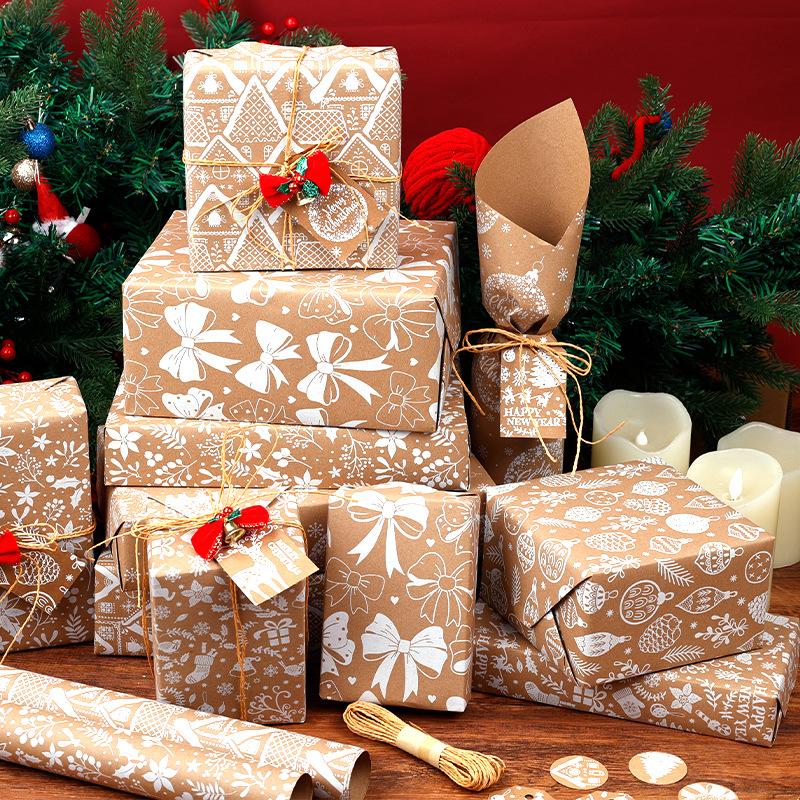 17" X 120" Wrapping Paper Roll Bowknot Merry Xmas Deers for Gifts Birthday Vintage White Craft Paper Graduations Engagement