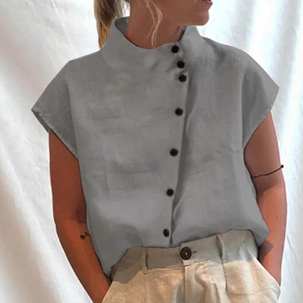 New Trendy Stand Collar Women's Short-Sleeve Button-Up Shirt