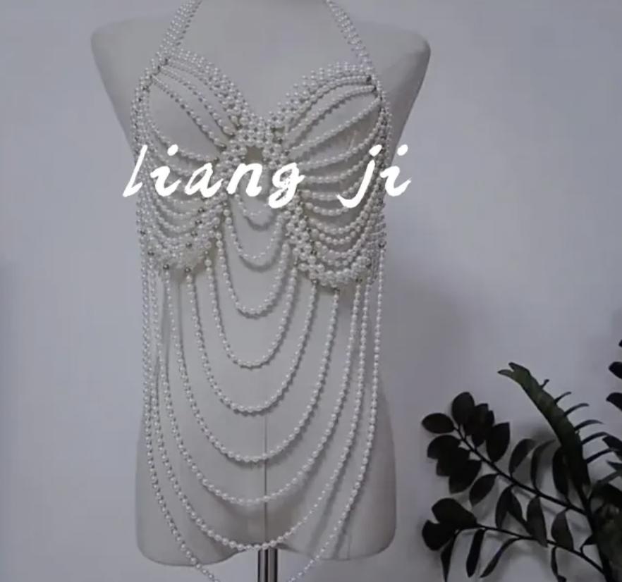 Sexy Accessoires Damen Bikini Perlen Brustkette Körperkette Schmuck Komplett Handgefertigt BH Mit Fransen Für Strand Nachtclub Taillenkette