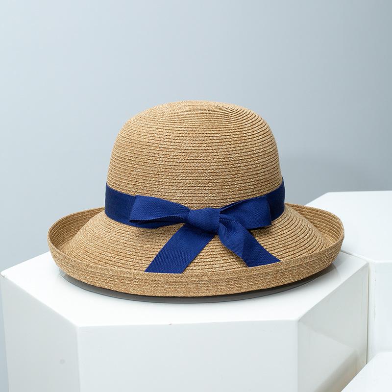 

Hepburn Style Curled Brim Straw Bucket Hat for Women, Summer Foldable UV Protection Beach Hat Factory Direct adjustable 54-58CM) синий