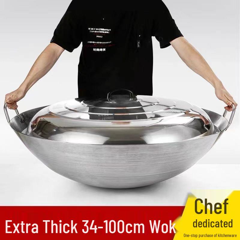 Extra Thick Stainless Steel Double Ear Wok - Large Round Bottom Pot for Commercial Kitchens, Gas Stove Compatible