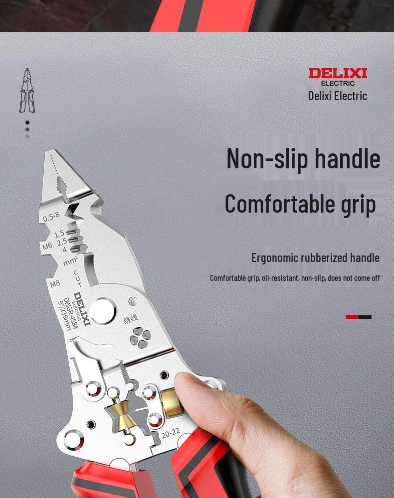Multifunkční elektrikářské kleště: Nástroj pro stříhání, tahání, odizolování, krimpování, odizolování a navíjení drátů.