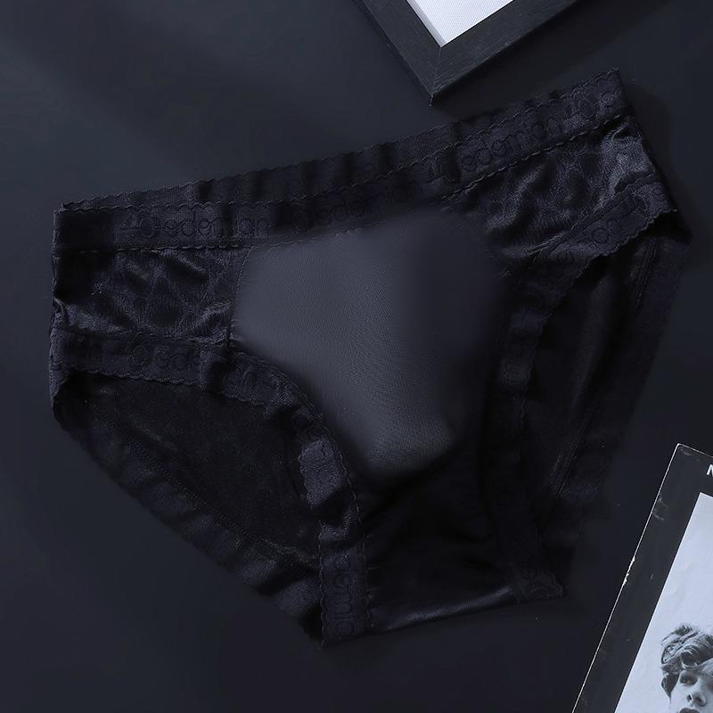 Lace See Through Sissy Pouch Lingerie Panties Men'S Seamless Ice Silk Briefs Thin Breathable Sexy 3D Convex Pouch Underpant