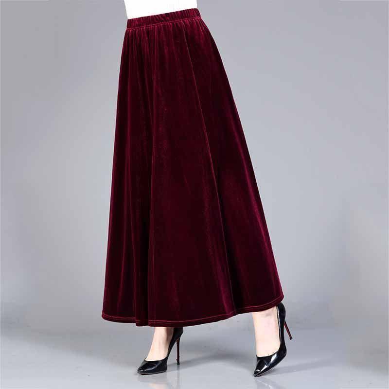 Women's Plus Size Skirt Solid Color High-Waist Gold Velvet Skirt Spring Autumn Long A-Line Skirt