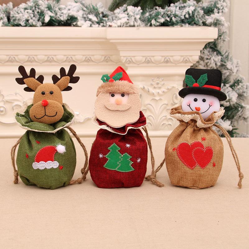 Festive 3D Burlap Apple Bag with Bells - Drawstring Gift & Candy Bag