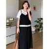 Plus-Size Women's Clothing for Fat Girls, Korean Style Fake Two-Piece Contrasting Color Short-Sleeved Top + Skirt 2026 Summer Slimming Two-Piece Set