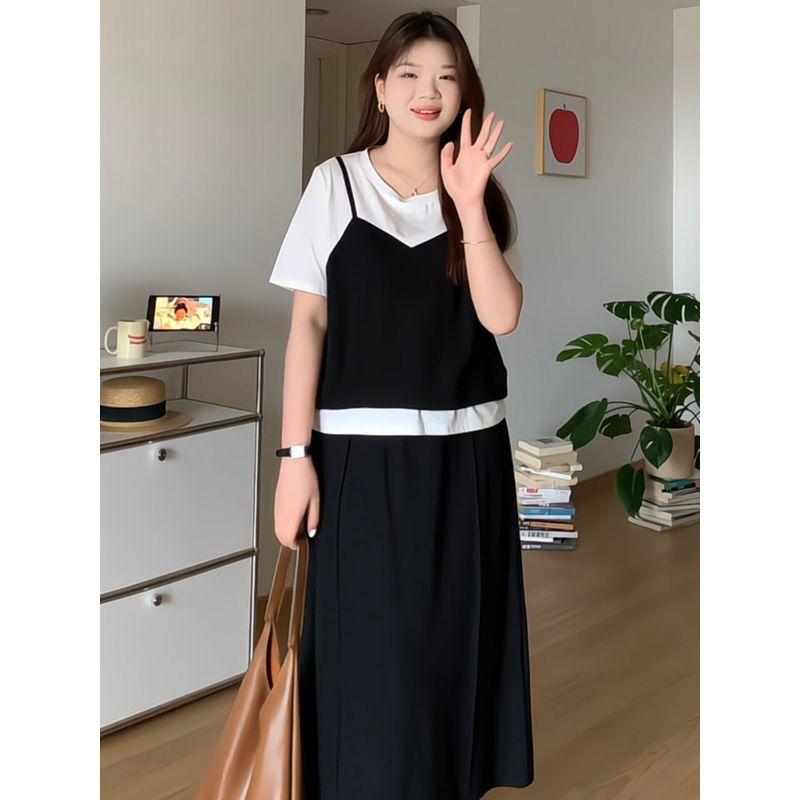 Plus-Size Women's Clothing for Fat Girls, Korean Style Fake Two-Piece Contrasting Color Short-Sleeved Top + Skirt 2026 Summer Slimming Two-Piece Set