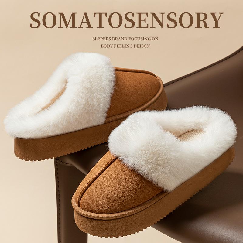 Women's Plush Cotton Slippers - Thick-Soled, Non-Slip, Warm, and Furry for Indoor/Outdoor Use, Ideal for Autumn/Winter
