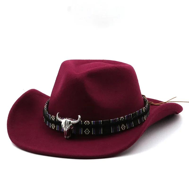 Fashion Western Cowboy Hat with Cow Head Band Wide Brim Hats Pop Jazz Hat Winter Men Women Jazz Wool Hats Cow Girl Hat LS