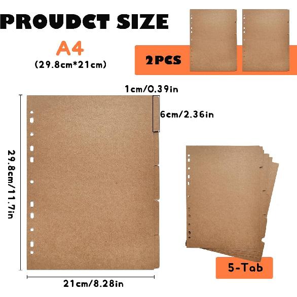 DY.2ten A4 Binder Dividers 11-Holes, Sturdy Kraft Paper Dividers with 5 Tabs for School Office Home, 2 Sets, 10 Paper Index Dividers.