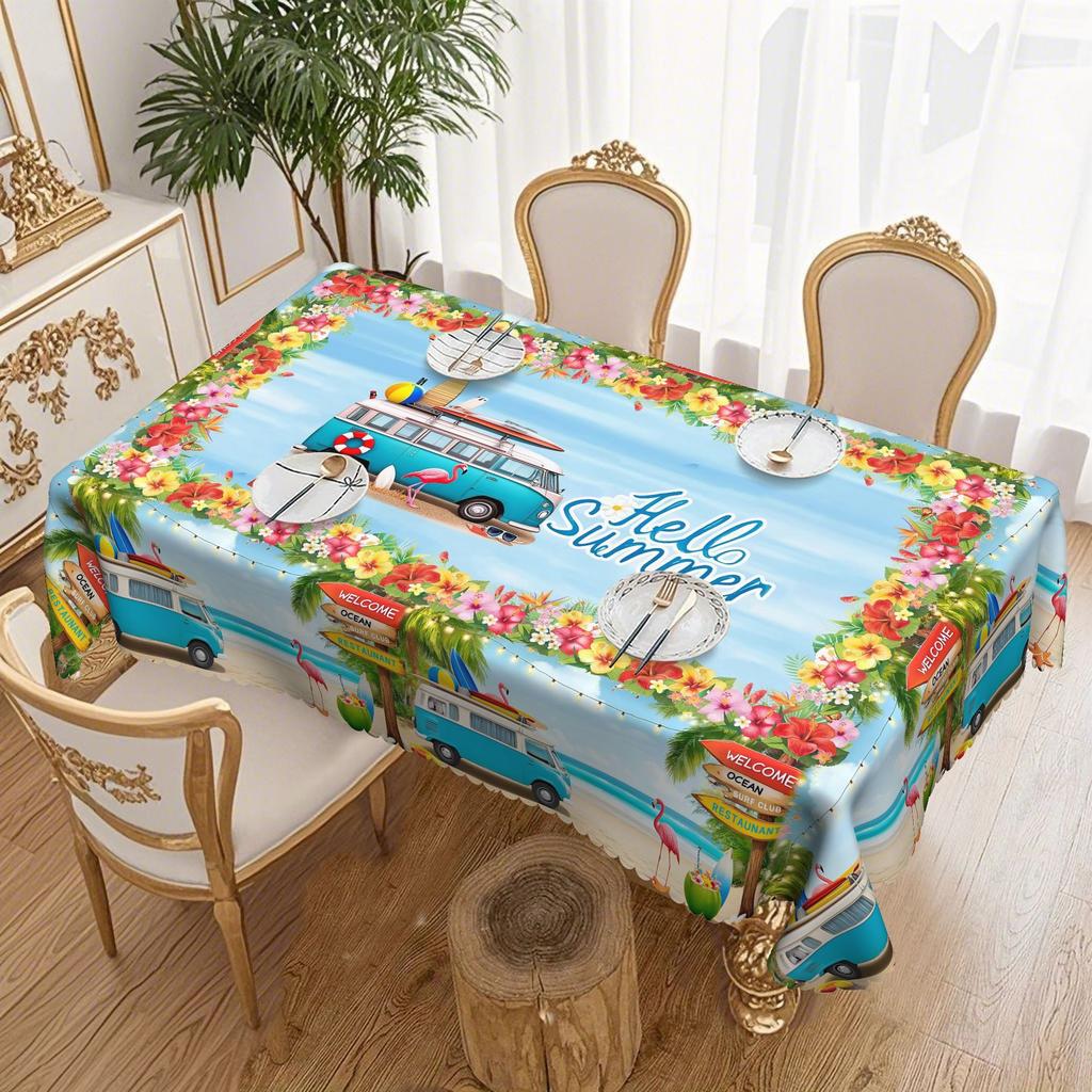 Hello Summer Seaside Round Table Cloth, Bus + Tropical Garland, Beach Resort Table Cloth