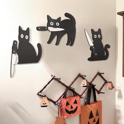 Black Cat Door Topper Halloween Door Frame Decoration Spooky Wooden Cat In Playful Poses Wall Art Decor for Entryway Kitchen Shelf