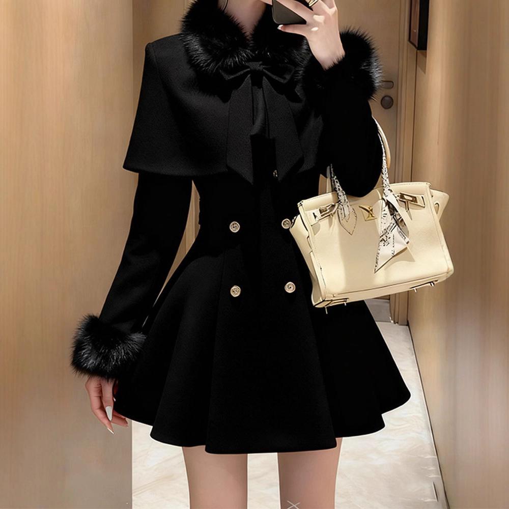 Petite Red Shawl Cloak Coat & Waist-cinching Slim Dress Set for Women - Winter 2025 Collection