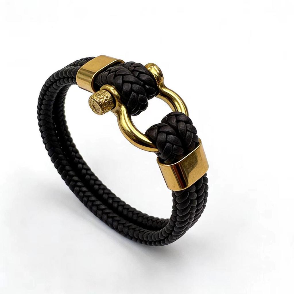 Men's Retro Horseshoe Buckle Leather & Stainless Steel Stackable Bracelet