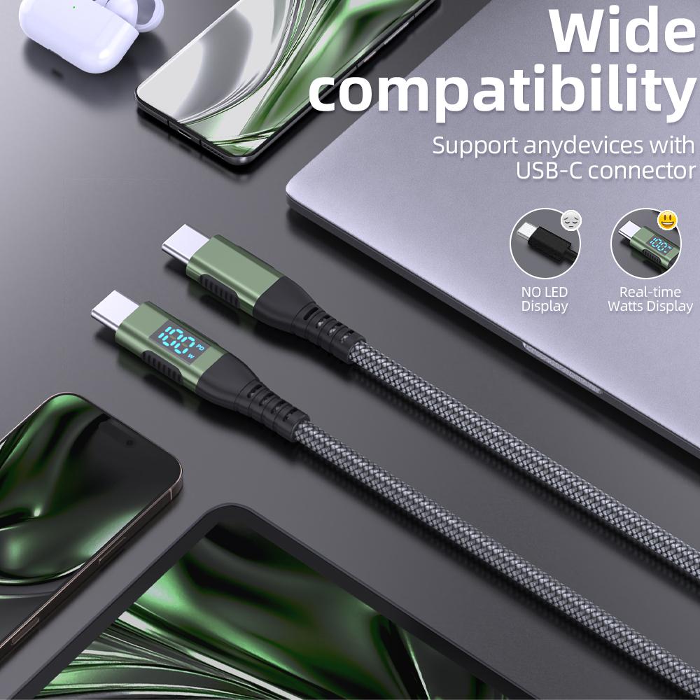 100W USB C To USB C Cable Type C PD 5A FastCharging for LED Display Nylon Braided Charger Cord for iPhone16 15 MacBook iPad