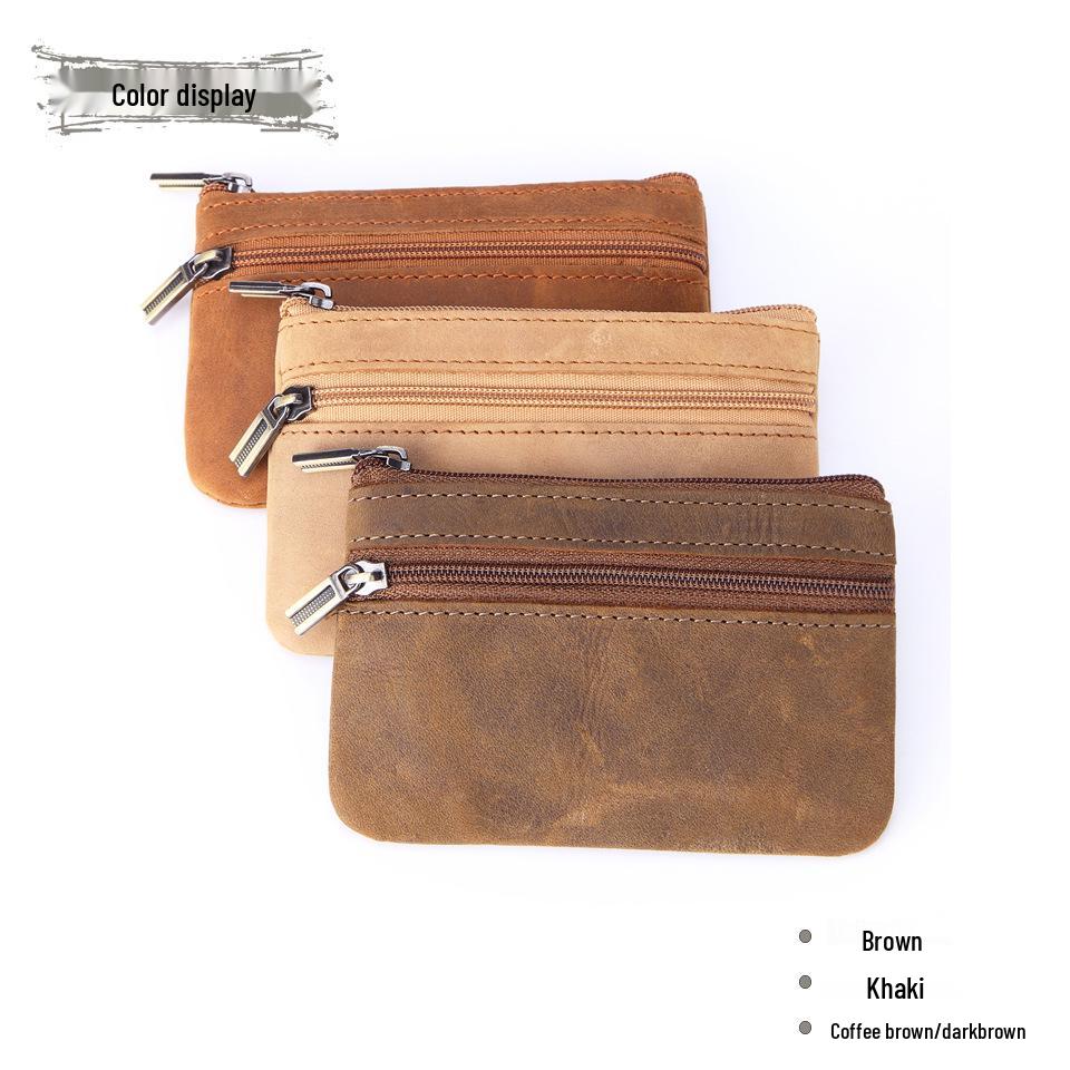 Women's Leather Coin Purse & Card Holder - Crazy Horse Leather Zippered Key Bag, Wear-Resistant Backpack Coin Storage