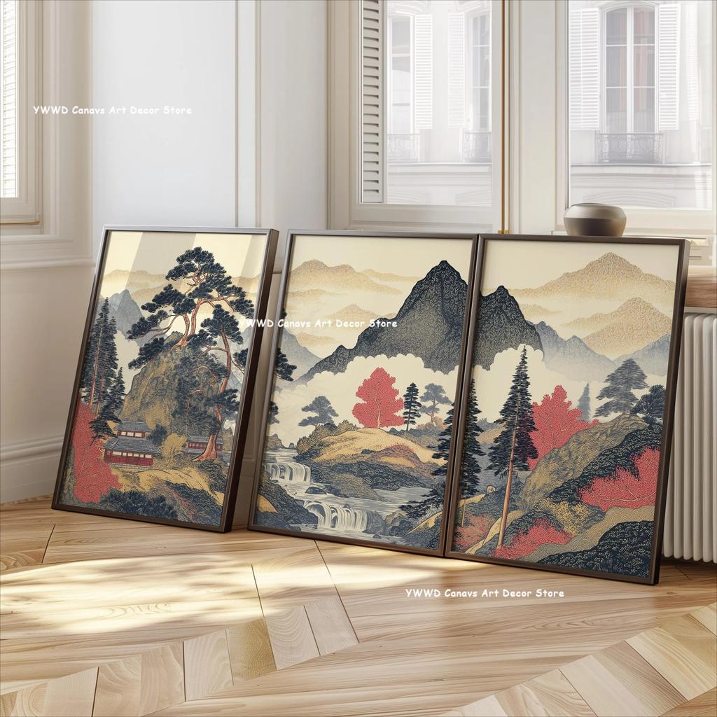 3pcs/set Japanese Mountain Landscape Zen Art Canvas Prints Forest Landscape Wall Art Posters Suitable for Modern Home Decor Gift
