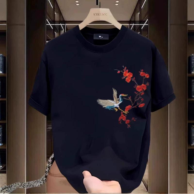 Men's Cotton T-shirtsT Shirt for Men Casual Summer Wear Red-crowned Crane Print Tee Shirts Black Men Clothing