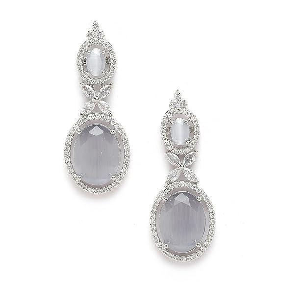 Silver-Plated American Diamond studded Oval Shaped Drop Earrings Jewellery For Girls and Women