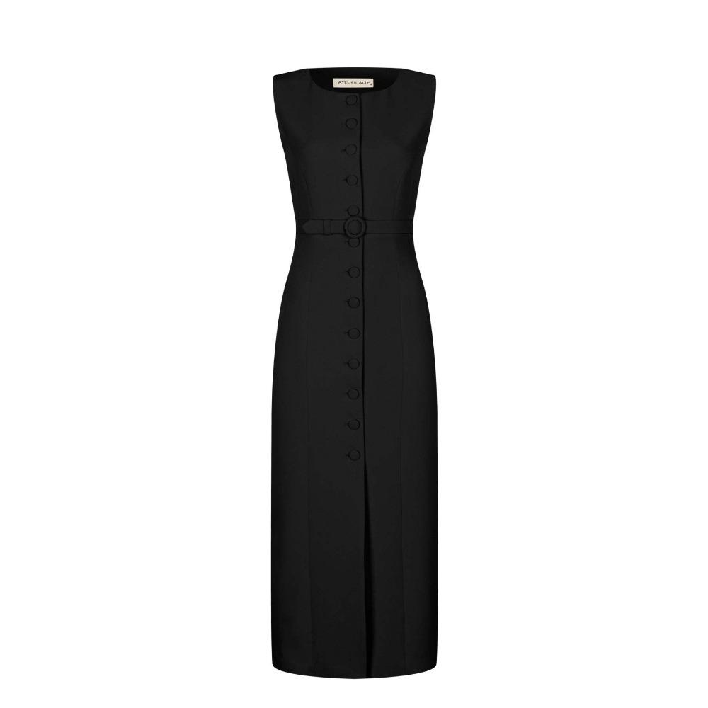 Women's Crew Neck Sleeveless Maxi Dress Slim Fit High Waist Elegant Belted Single Breasted Office Midi Dress