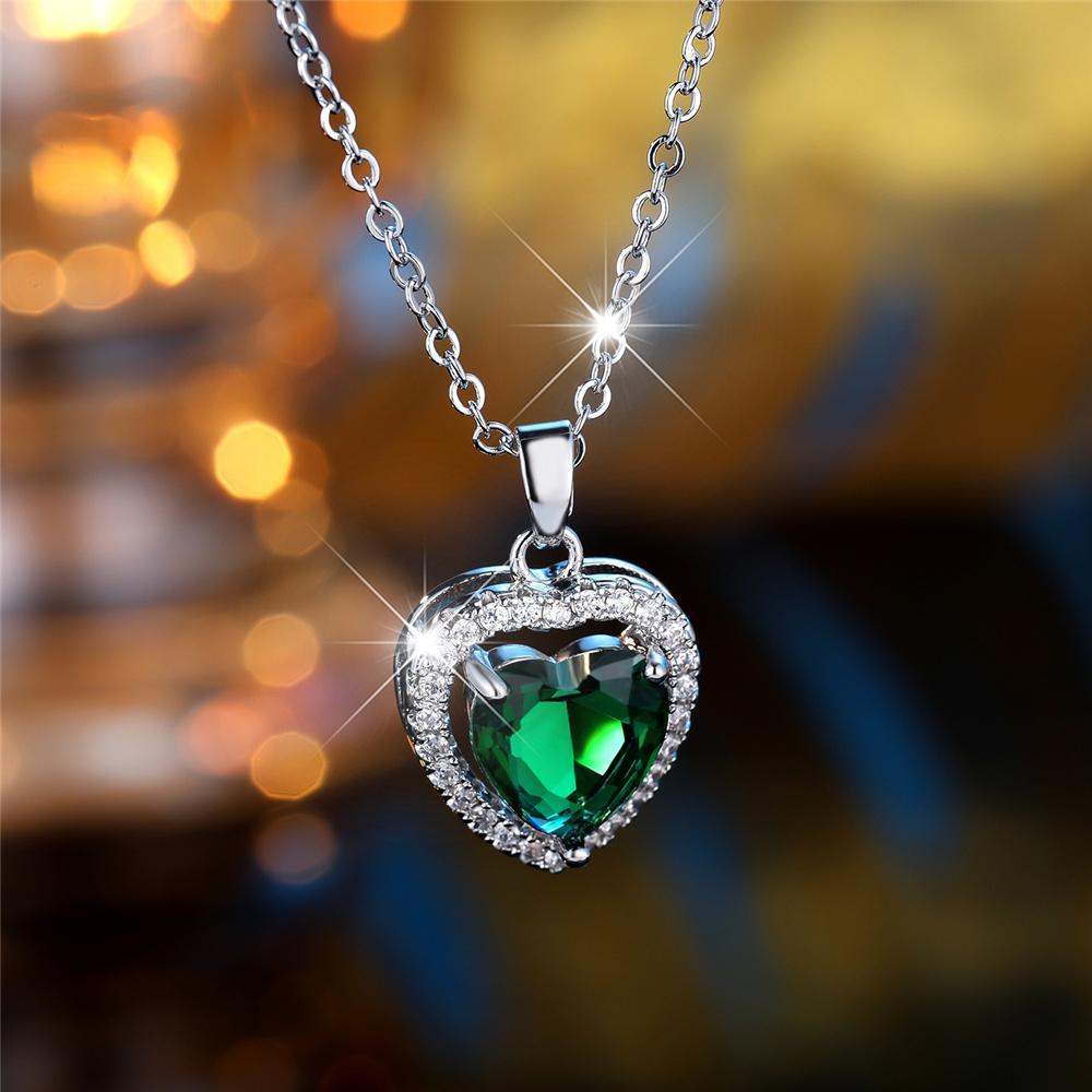 Female Crystal Blue Red Green Zircon Stone Love Heart Pendant Necklace Vintage Silver Color Wedding  For Women