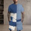 Men Plus Size Blue White Printed Round Neck Short Sleeve Top And Shorts With Pockets Two Piece Set