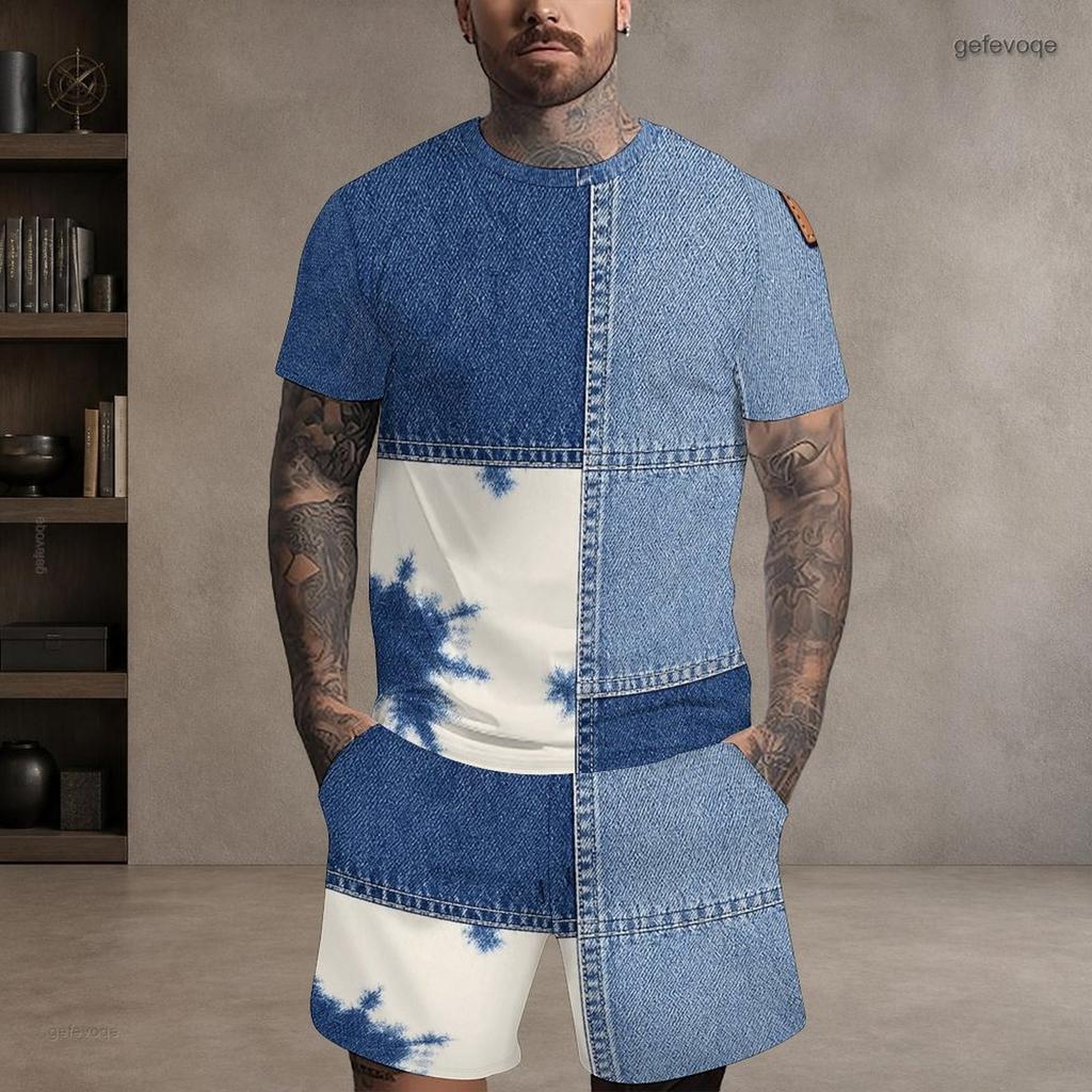 Men Plus Size Blue White Printed Round Neck Short Sleeve Top And Shorts With Pockets Two Piece Set