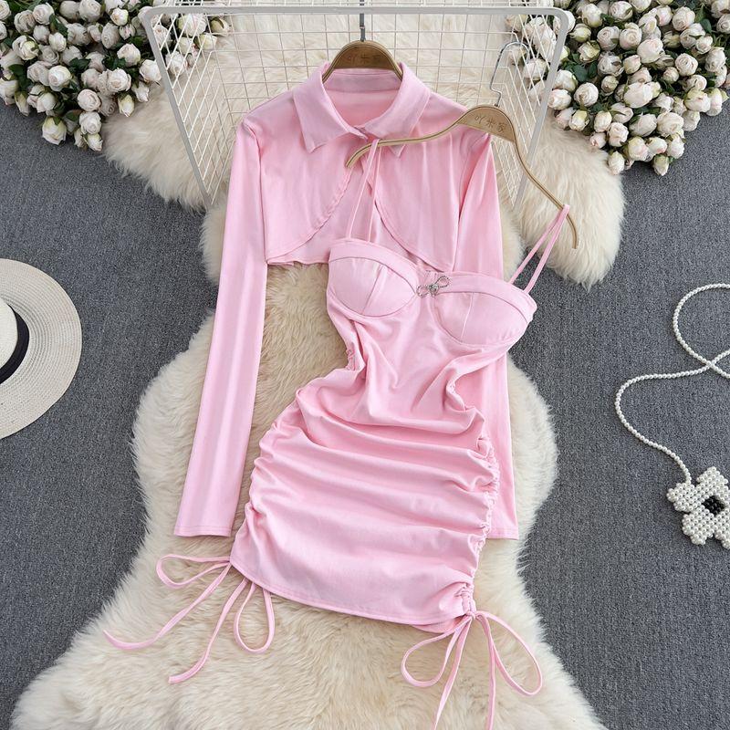 

Sexy Fashion Suit Women s Long-Sleeved Shawl Cardigan Early Autumn Bandeau Slim-Fit Slim Looking Pleated Suspender Sheath Dress Pink All yards