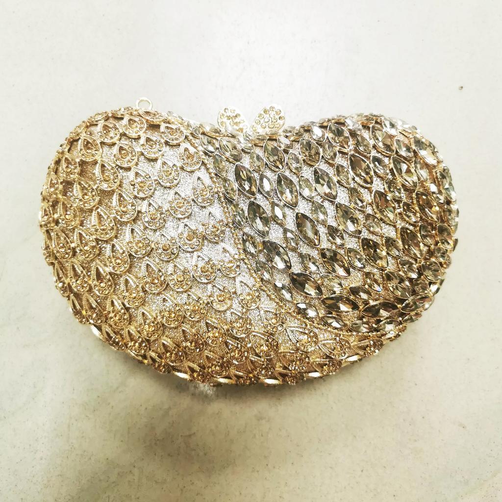 Gold Metal Red Rhinestone Wedding Purses Bag Luxury Heart-Shaped Women Tail Diamond Crystal Clutches Bags Lady Girls Handbag