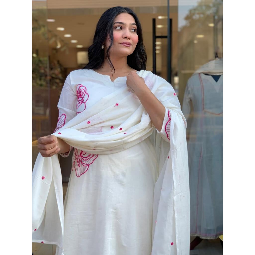 Beautiful White Pure Cotton Kurti Pant Dupatta Set Indian Designer Kurta Set