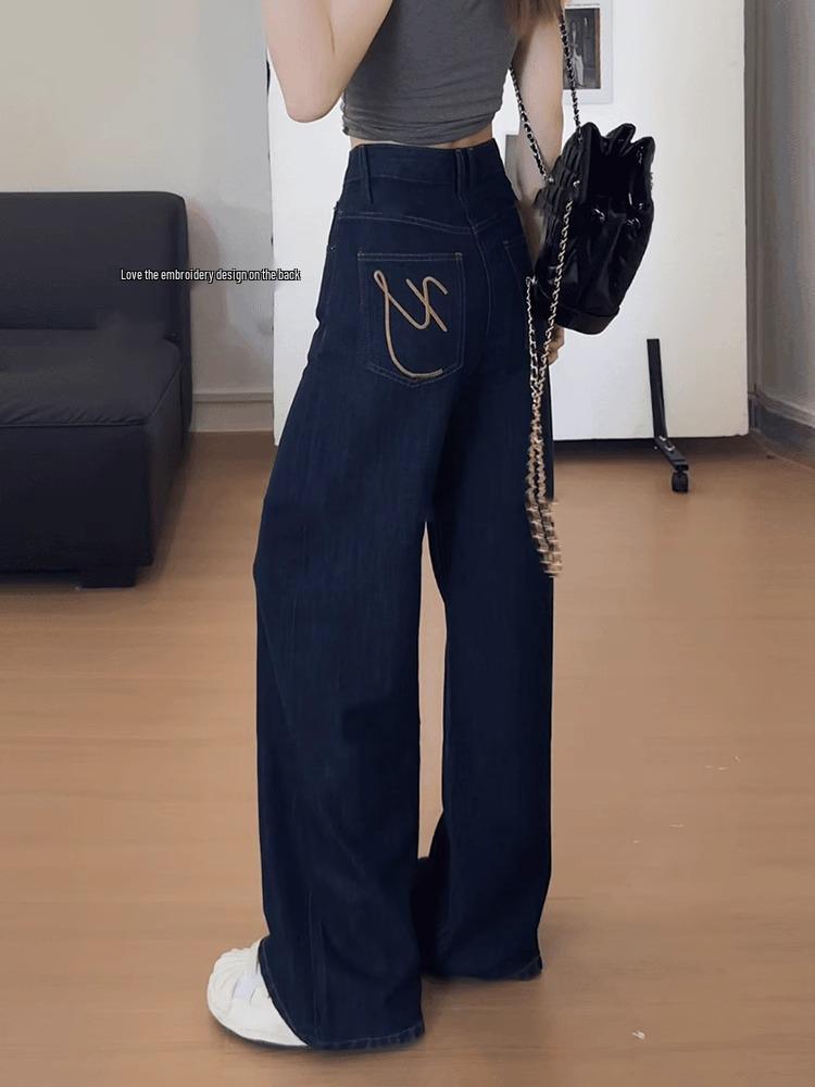 

Dark Blue High-Waist Retro Straight-Leg Jeans for Women - Floor-Length, Wide-Leg Casual Pants for Autumn L