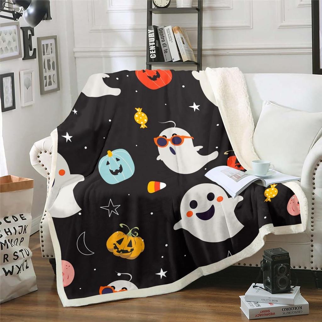 Halloween Ghost Blanket Soft Fleece Throw Pumpkin Spider Web Design Home Decor Party Gift Kids Room