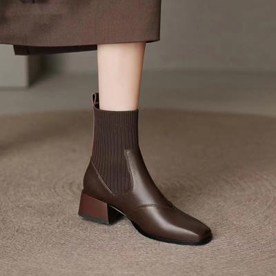 French Autumn and Winter Knitted Tube Thick Heel Short Boots Women's Medium Heel Thin Boots Brown Bare Boots Martin Boots Elastic Socks Boots