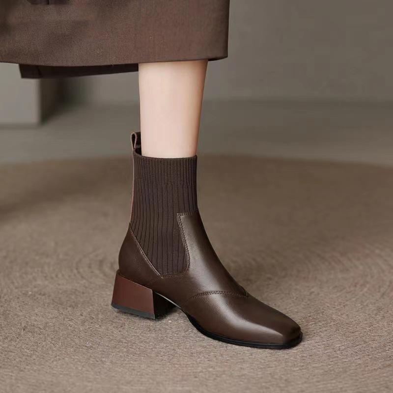 French Autumn and Winter Knitted Tube Thick Heel Short Boots Women's Medium Heel Thin Boots Brown Bare Boots Martin Boots Elastic Socks Boots