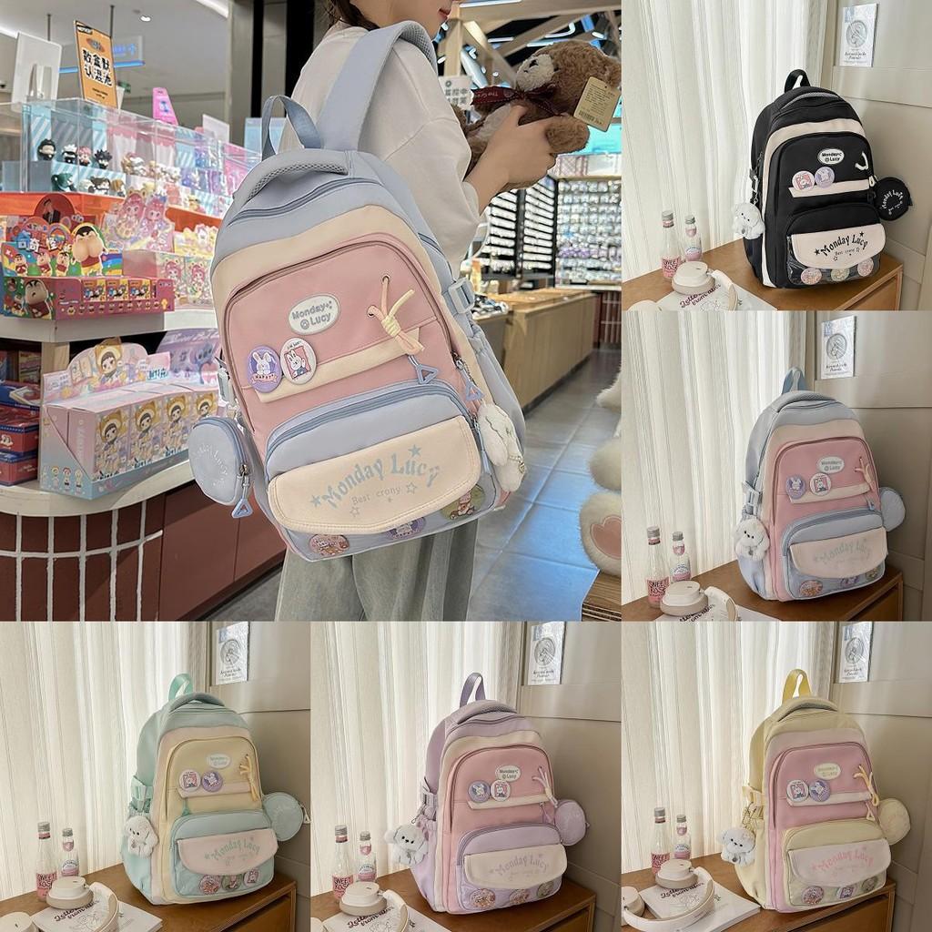 Color Simple Blocked Letter Pattern Student Backpack With Badge Pendant And