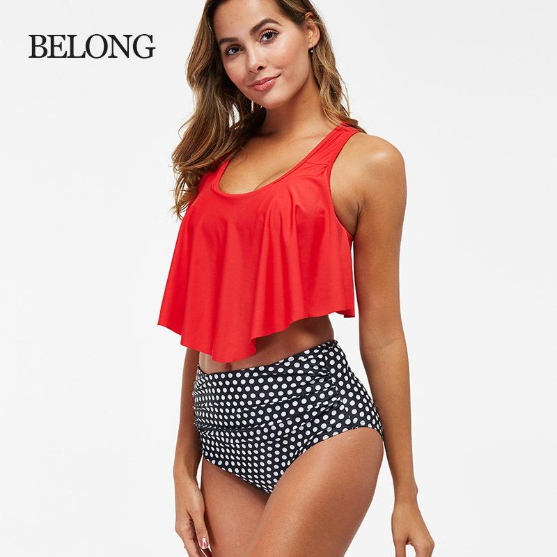 Large Size Women's Fashion Modest Two Pieces Swimsuit Padded Ruffled Top High Waisted Bottom Swimwear Set Printed Backless Tankini Bathing Suit