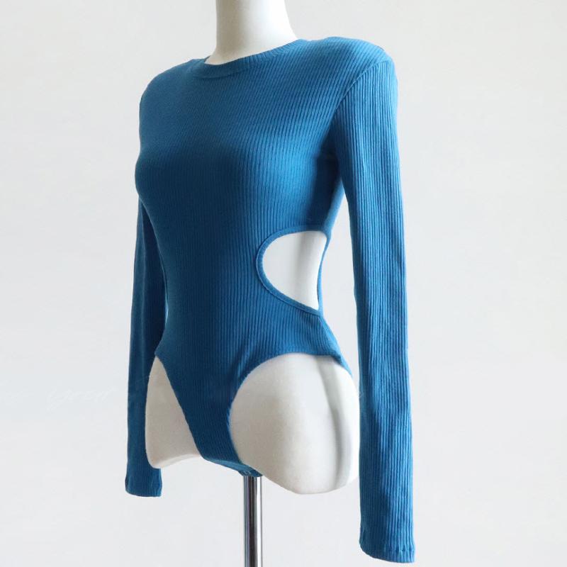 European and American Hollowed Out Spicy Girl Slim Fit Versatile Jumpsuit Sexy Street Trend Slimming Round Neck Long Sleeved Top for Women