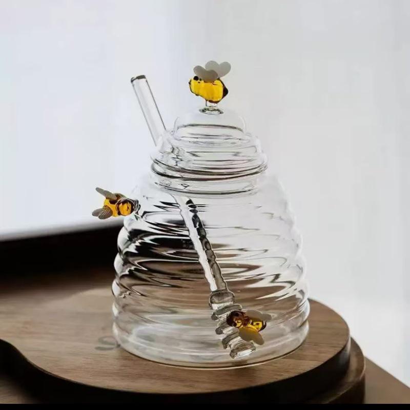 Kleines Biene Waben Glas mit Deckel und Rührstab, Kreatives Küchenzubehör