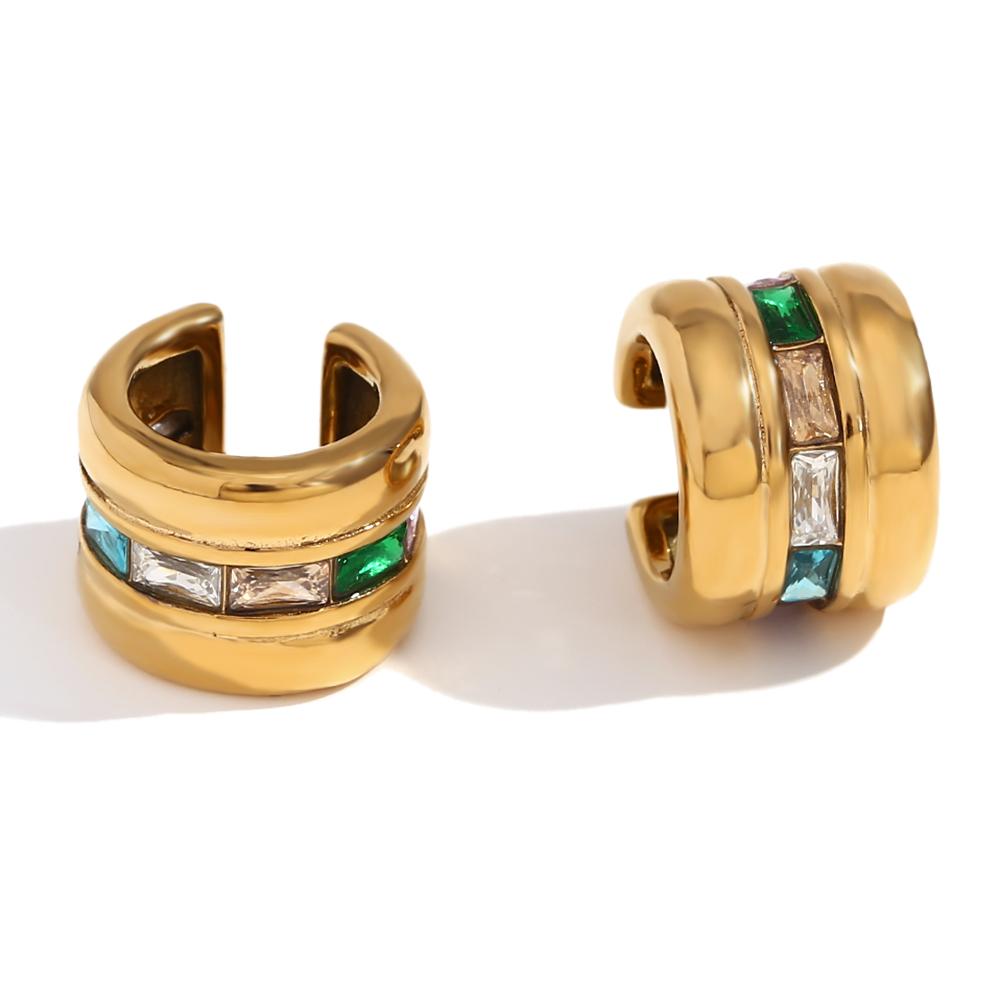 MamacitaSlay Classic Rectangle Colored Clear Zircon 11mm Wide 18K Gold Plated Ear cuffs Stainless steel earrings woman jewelry