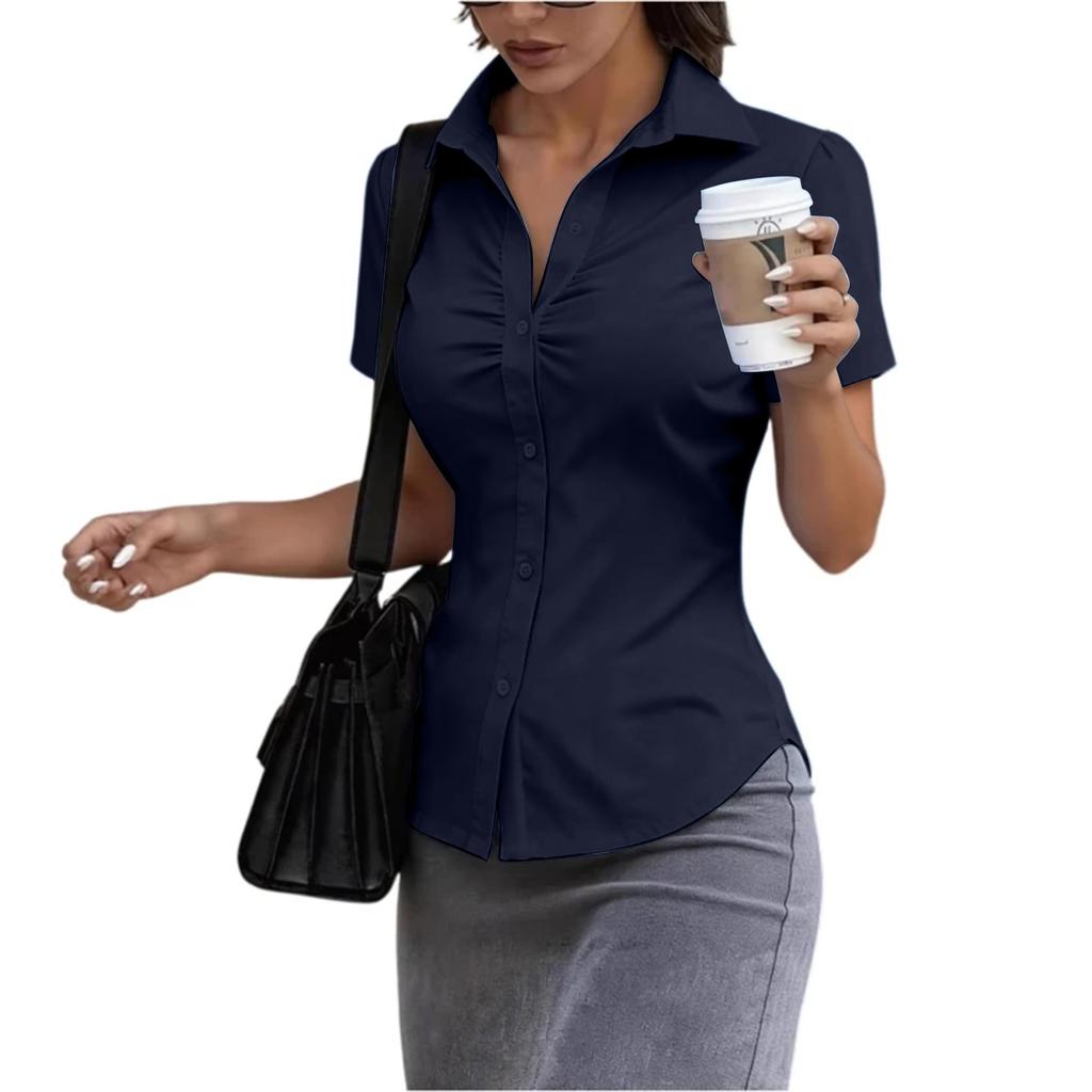 Women's Short Sleeve Button Down Shirt Slim Fit Collared Blouse Office Workwear Casual Top with Ruched Front Design