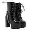 Fashion Punk Rivet Chain Belt Buckle Thick Bottom Super High Heel Short Boots for Women Front Lace-up Side Zip Gothic Boots Botas Mujer