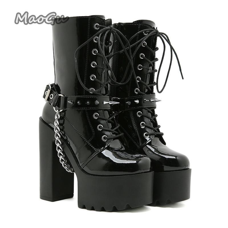 Fashion Punk Rivet Chain Belt Buckle Thick Bottom Super High Heel Short Boots for Women Front Lace-up Side Zip Gothic Boots Botas Mujer