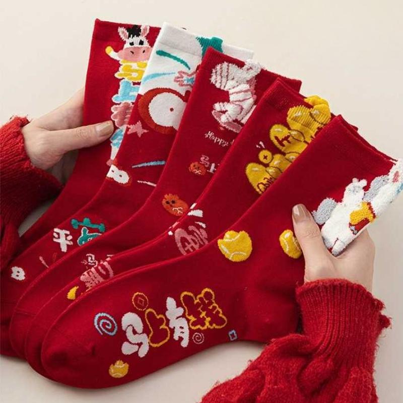 Cartoon Horse Element Red Zodiac Year Socks Pure Cotton Mid Tube Sock 2026 Year of The Horse Winter New Year Couple Socks