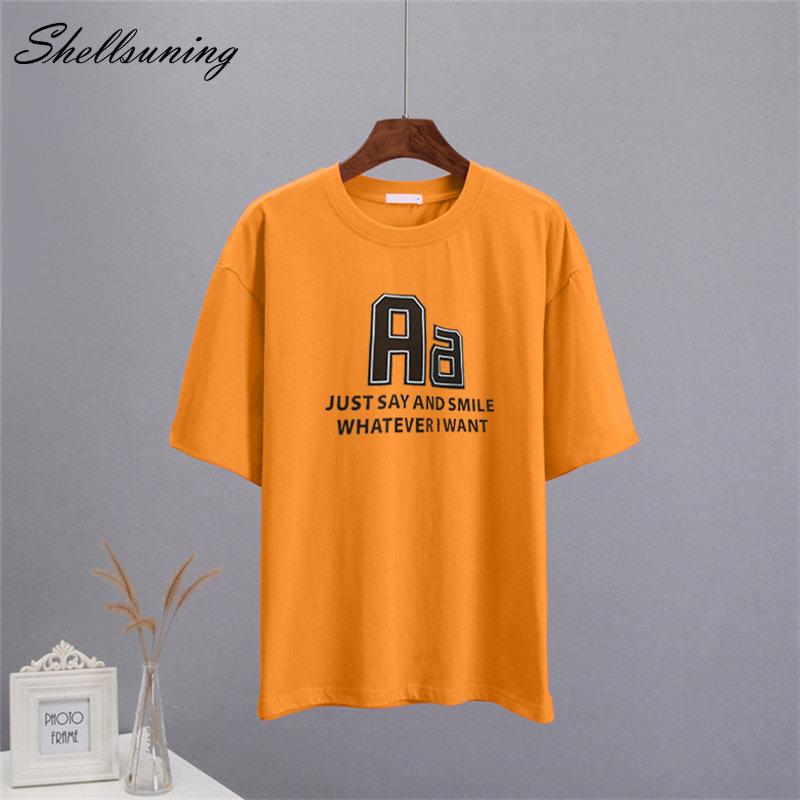 Bavlněná trička Shellsuning Oversized Dámské Léto S krátkým rukávem Trička s 3D potiskem dopisů Dámské Běžné Volné High Street Basic Tops
