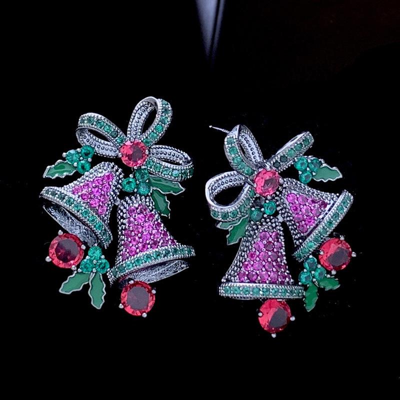 Colorful Zircon Christmas Bell Earrings: Retro European & American Style, Korean Internet Celebrity Fashion