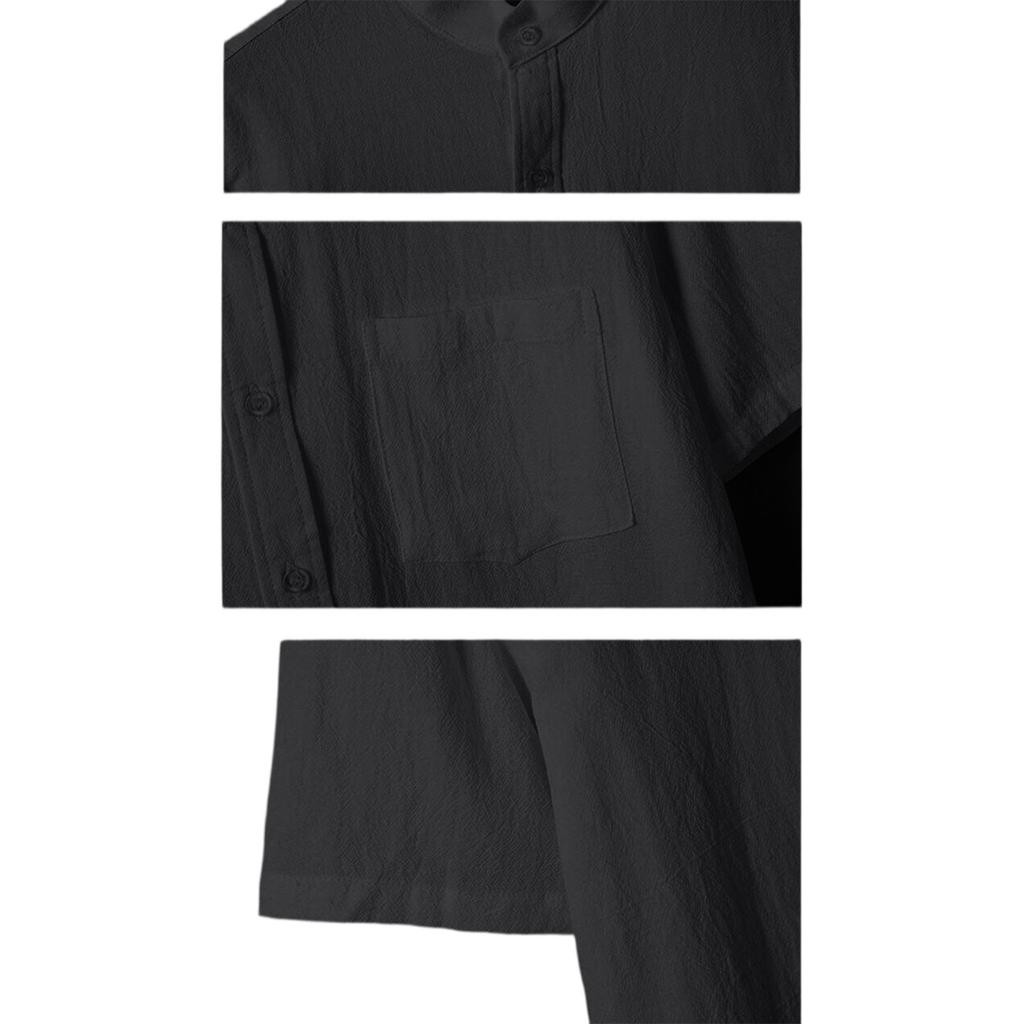 Men's Cotton-Linen Casual Short-Sleeve Shirt - Stand Collar, Pocket, Color, Button - Down, Breathable