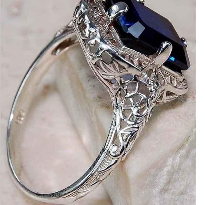 Elegant European Style Jewelry With Classic Square Cut Blue Sapphire Rhinestone Studded Ring
