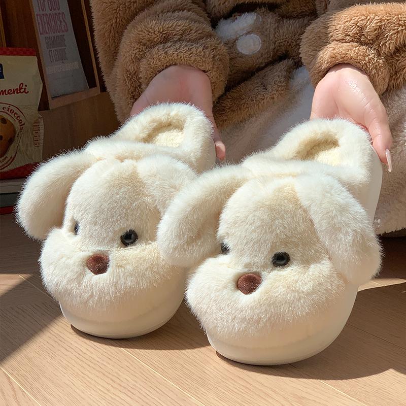 Fashion Cartoon Puppy Furry Cute Indoor Slippers Women 2025 Winter Fluffy Fur Non Slip Children's Home Slippers Warm Thick Plush Slides