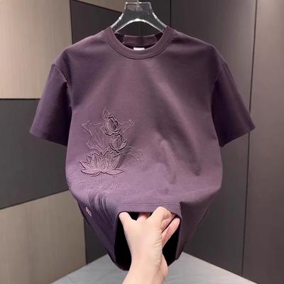 Style National Broderie Artisanat Lourd Tendance Manches Courtes Homme Été Nouveau Couleur Unie Haut de Gamme T-shirt Col Rond Pull Manches Courtes